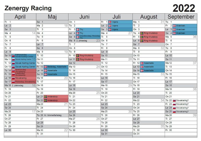 Foreløbig kalender fra Zenergy racing